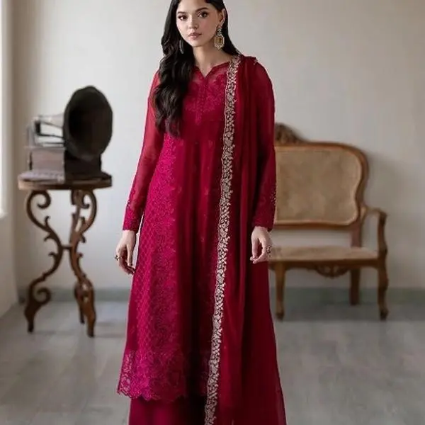 Designer Georgette Embroidery Sequence Work Top Palazzo with Dupatta in Maroon Vichitra Silk Jacquard Weaving Zari Border XL Size - Fabric