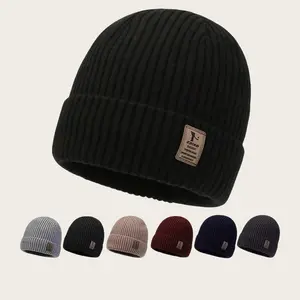 Men's Ribbed Knit Hat Accessory - Moderate Fit, Ribbed Texture, Warm Retention, Leather Patch, Cold Weather Sports, Outdoor Use (Multiple Colors Available)