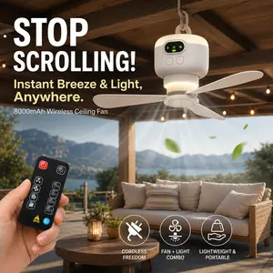 Serbasic Battery Operated Ceiling Fan, 4 Wind Speeds 11" Portable Camping Tent Fan with Lights - Outdoor Hanging Rechargeable- Hook Type Remote Fans for Patio Canopy Beach Dormitory Bedroom