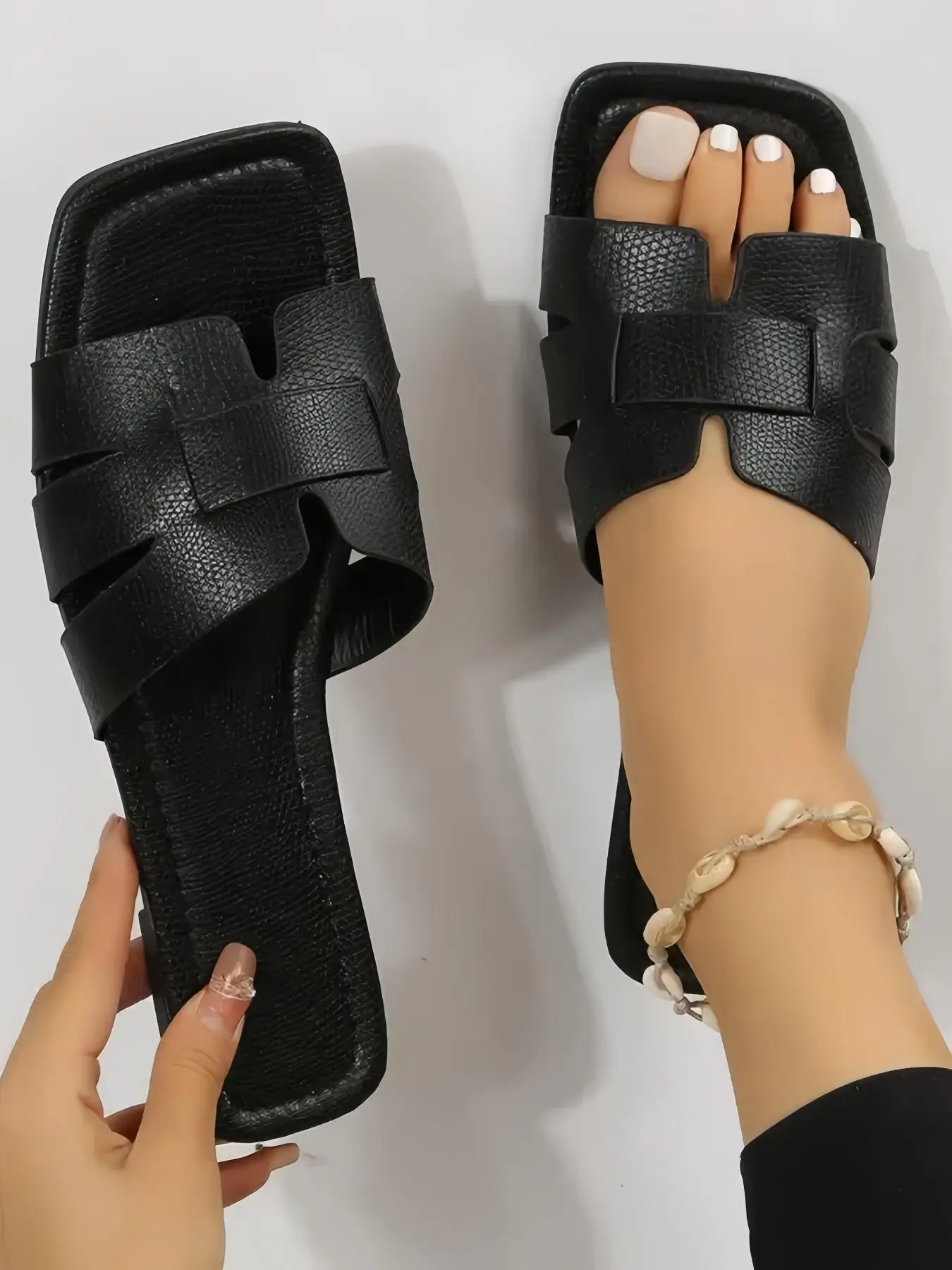 Elegant Square Toe Flat Slides Sandals for Summer 2025, Girl Comfort Solid Color Flat Sandals for Women, Fashion Sandals for Summer for Daily Footwear