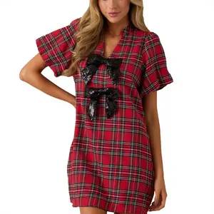 Women's Plaid Mini Dress V-Neck Lantern Short Sleeve Bow Front Shift Dress with Pockets for Summer Casual Wear