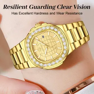 Luxury Diamond Gold Cushion Dial Watch Grid Pattern Date Display Stainless Steel Bracelet Elegant Party Gift