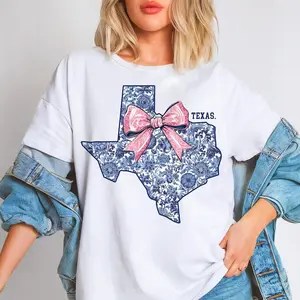 Texas Coquette Bow Tshirt, State Tshirt, Floral Coquette Texas Shirt, Trendy Texas Shirt, Preppy Chinoiserie DTF, Popular Tshirt