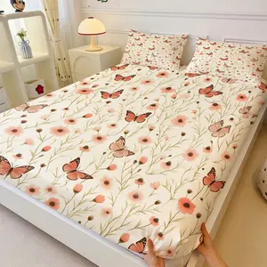 Floral Butterfly Print Fitted Sheet, Include One Bedspread and Two Pillowcases, Deep Pocket Non-Slip Mattress Cover, Soft Breathable All-around Elastic Bed Sheet, Wrinkle Resistant, Machine Washable