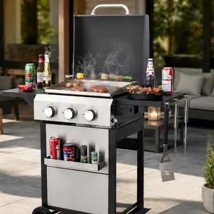 ARCH 3-Burner Propane Gas BBQ Grill - Stainless Steel Plancha (36900 BTU) with Wire Enamel Grids, Foldable Side Table, Hanging Basket, Rack - Black/Silver Metal Outdoor Barbecue for Garden, Camping