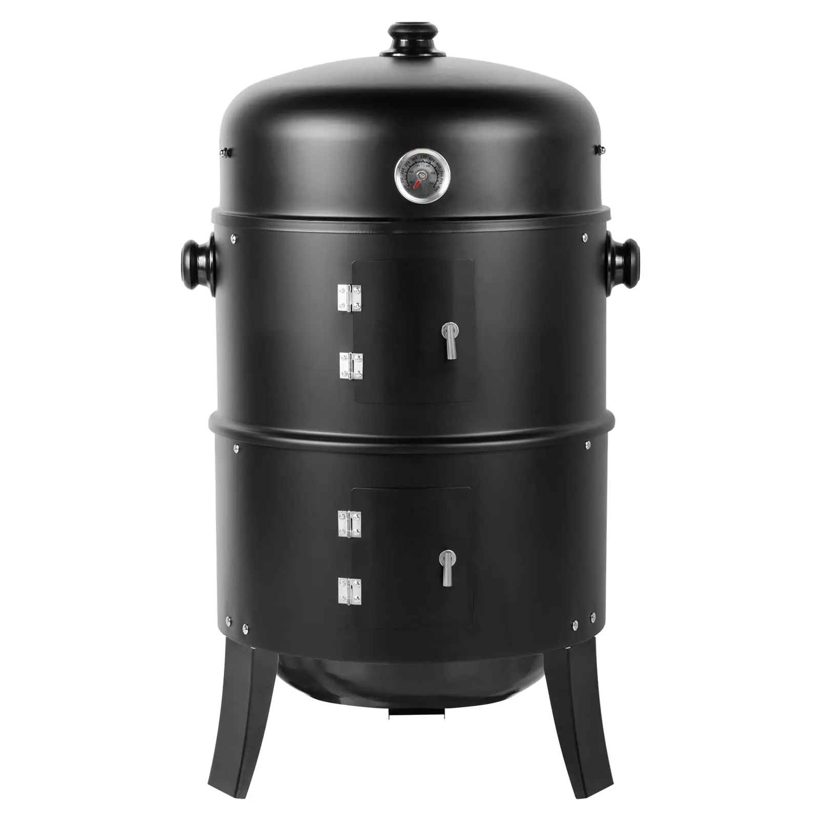 Portable 3-in-1 Barrel Charcoal Grill and BBQ Smoker with Iron Body, 2 Doors, and Thermometer for Backyard or Beach Use, Portable Charcoal Grill