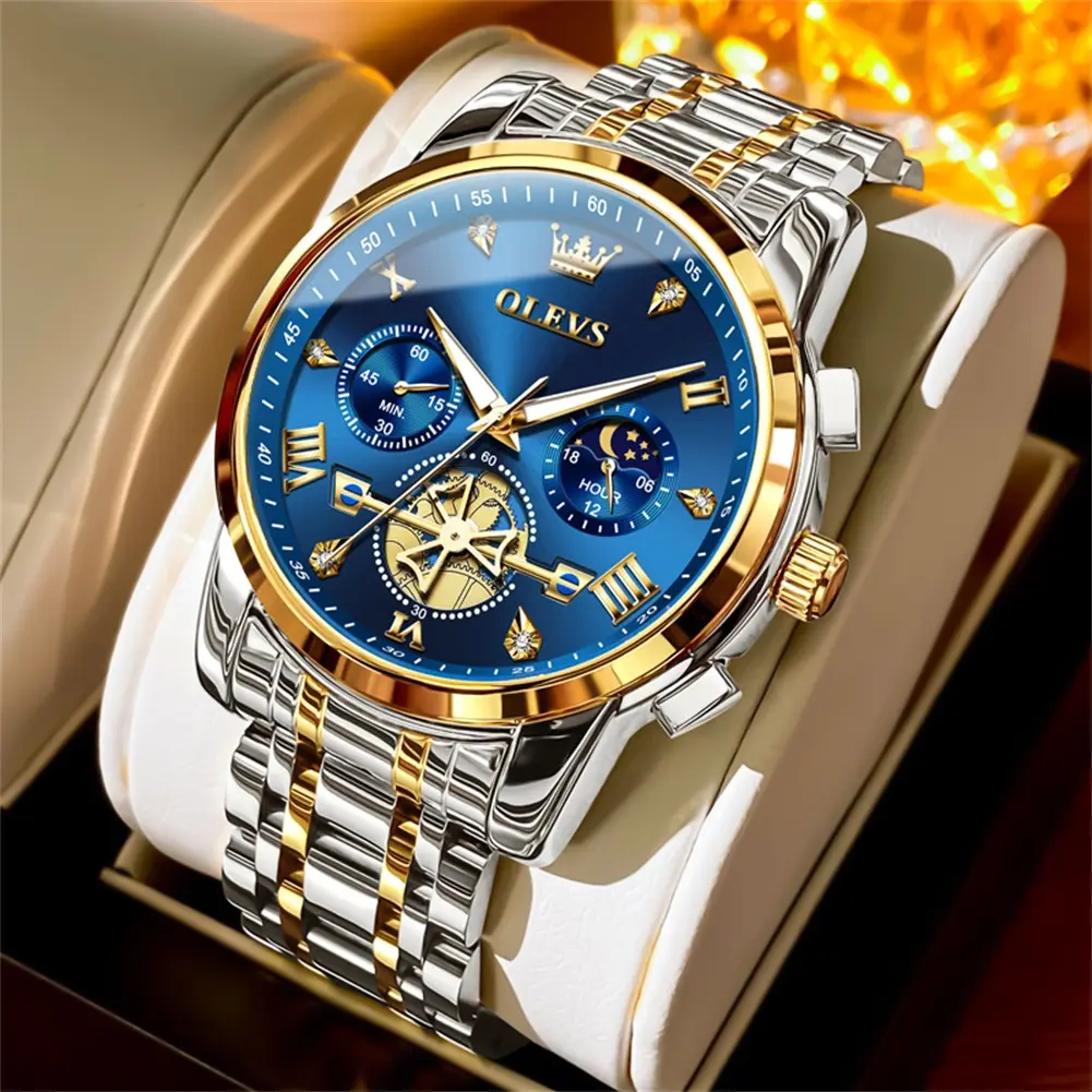 Men Watch Analog Chronograph Stainless Steel Watches Day-Night Indicator Waterproof Luminous 2859