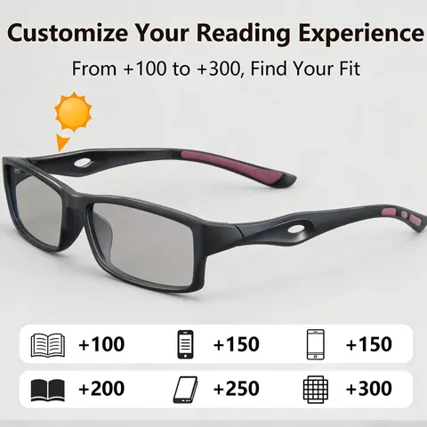 Unisex Adaptive Photochromic Lens Progressive Multifocal Reading Eyeglass - Sporty Lightweight TR90 Wraparound Rectangle Frame, UV Protection, Glare Reduction, for Outdoor Driving, Hiking, High Quality Eyewear