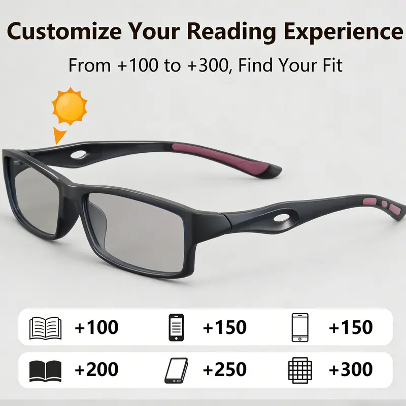 Unisex Adaptive Photochromic Lens Progressive Multifocal Reading Eyeglass - Sporty Lightweight TR90 Wraparound Rectangle Frame, UV Protection, Glare Reduction, for Outdoor Driving, Hiking, High Quality Eyewear