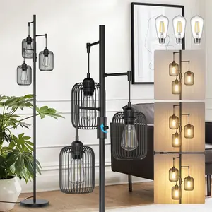 GLITGATE Black Floor Lamp, Dimmable Industrial Gold Floor Lamp Farmhouse Floor Lamps for Living Room with Cages 70'' Tall Lamp Modern Floor Lamp Standing Lamp for Bedroom Office Living Room 3 LED Bulbs Included
