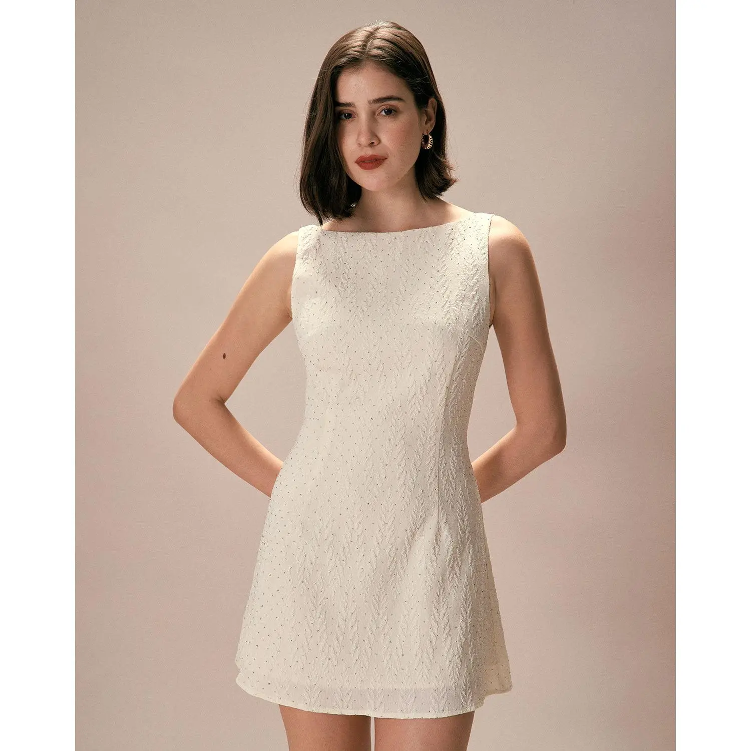 Rihoas Women's Beige Textured High Waisted Sleeveless Boat Neck A Shaped Mini Crafted Classy Casual Dress Polyester Womenswear, Classy Casual Dresses