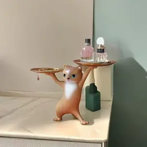 Cute Cat Tray Statue, Adorable Animal Design, Creative Desktop Storage Decor, Living Room, Bedroom, Office Home Decoration, Resin Sculpture, Resin Figurine Statue