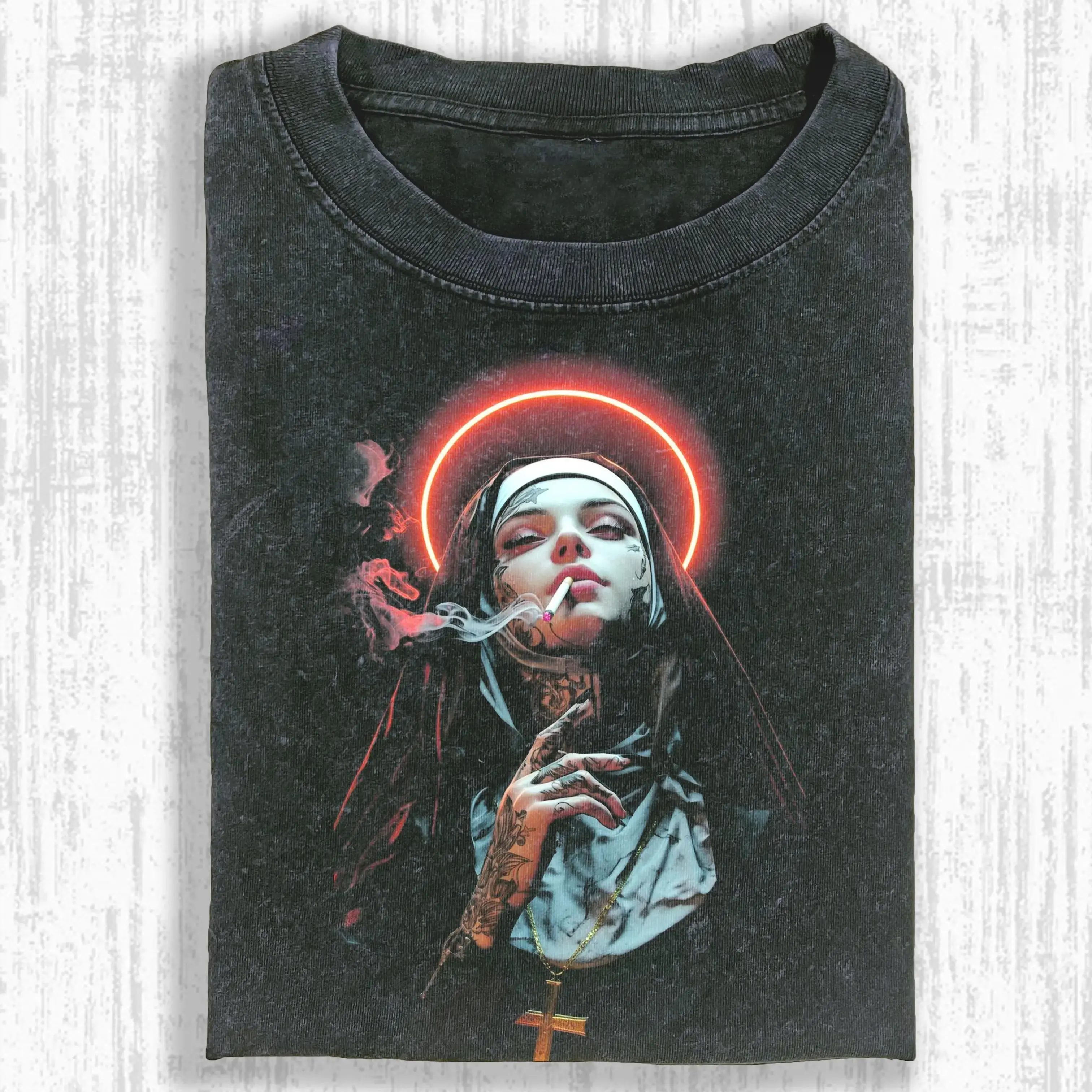 Men's Nuns Graphic Print Tshirt, Vintage-Style Streetwear for Menswear with a Ribbed Crew Neck and Twill-Taped Shoulders, Distressed, Hem, Soft, Cotton, Tops, Shortsleeve, Round Neck, T-Shirt, Casual, Fabric, Retro, Men's T Shirts, Vintage Graphic Tees, R