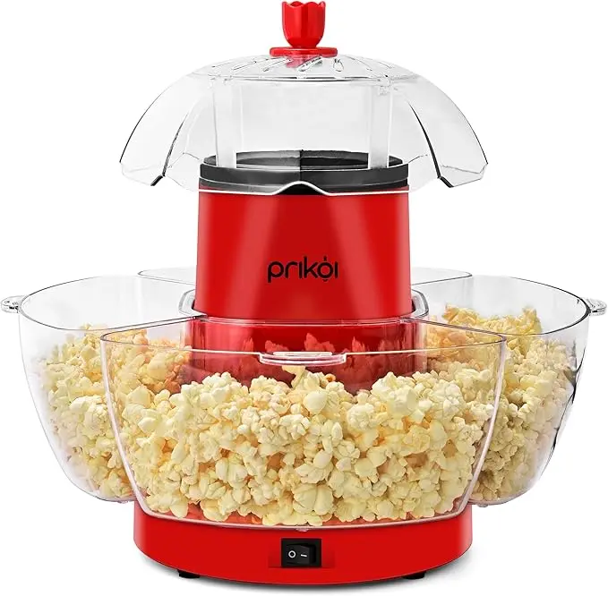 SUSTEAS Oil-Free Hot Air Popcorn Popper Machine - Small Plastic Body, Round Base, Overheat Safety, Efficient System for Crispy Results, 4 Serving Bowls, Measuring Cups, Quick Wipe-Down Cleanup, Washable Lid+Bowls for Family Users, Watch Party, Quick Wipe-