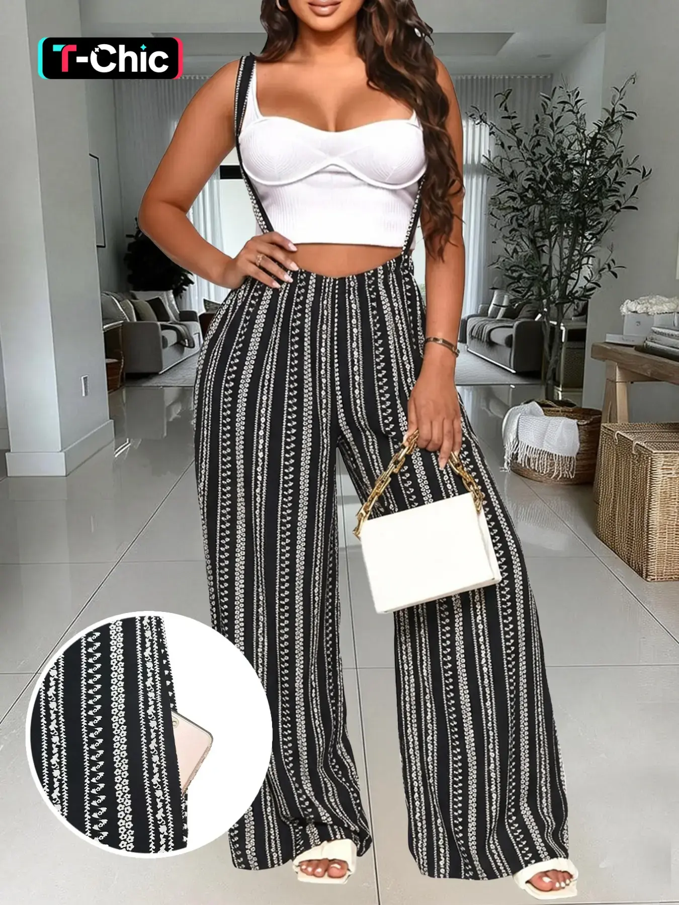 Summer Women's Solid Color/Geometric Print Fitted Suspender Pants Bottoms, Casual Fashion Trousers, Summer Wear, Comfortable, Minimalist and Stylish, Perfect for Beach, Travel & Vacation