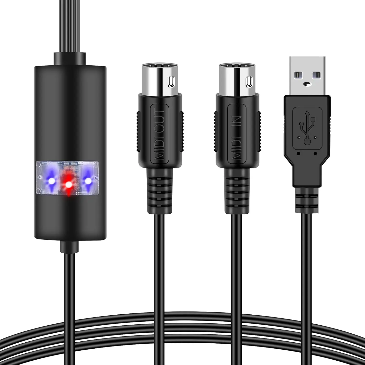 Professional Upgraded USB MIDI Cable Adapter - Plug-and-Play MIDI to USB In-Out Converter with Built-in Driver, High Quality Wire, Red and Blue Lights, 2M(6.5FT) Black Cable for Piano Keyboard to PC/Laptop Editing, Windows XP Compatible, High-Performance