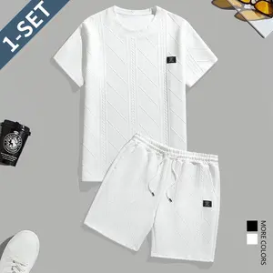 Men's casual set, includes solid color short sleeve and shorts, two-piece set.Wheat ears and rhombus texture, overall elasticity, knitting craftsmanship, stylish, comfortable, and soft, men's homewear