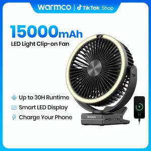 Warmco 15000mAh Rechargeable 8-in Portable Clip-On Rotating Desk Fan, Battery-Powered with LED Lantern, Hook, 360° Rotation & 4 Speeds Strong Airflow for Camping, Office, Outdoor Use, Rotating Desk Fans