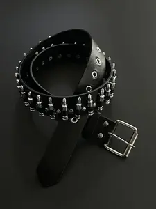 Leather Belt Metal Bullet Design Fashion Show Waistband Unisex Streetwear Hip Hop Accessory, Stylish Casual Wear Item