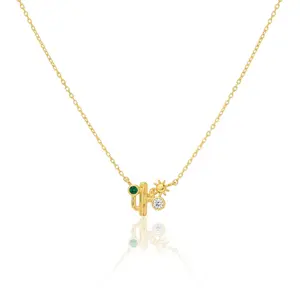 18K Gold Plated CZ Cactus Western Pendant Necklace