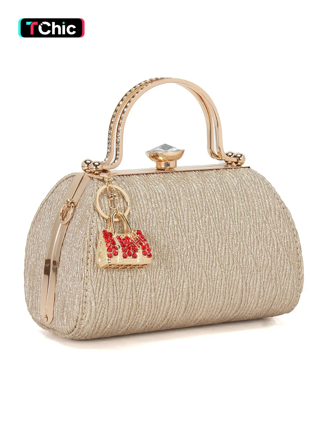 Shimmering gold elegant clutch, with rhinestone handles and a mini bag charm, designed for weddings, parties, and dances, a fashion accessory that can be worn as a crossbody bag with the included shoulder strap, ladies' evening bag, Glittery Clutch Bag