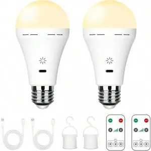2PC USB-C Rechargeable LED Light Bulb with Remote Control - E27 Emergency Light, Dimmable 9W Bulb for Home Power Outage