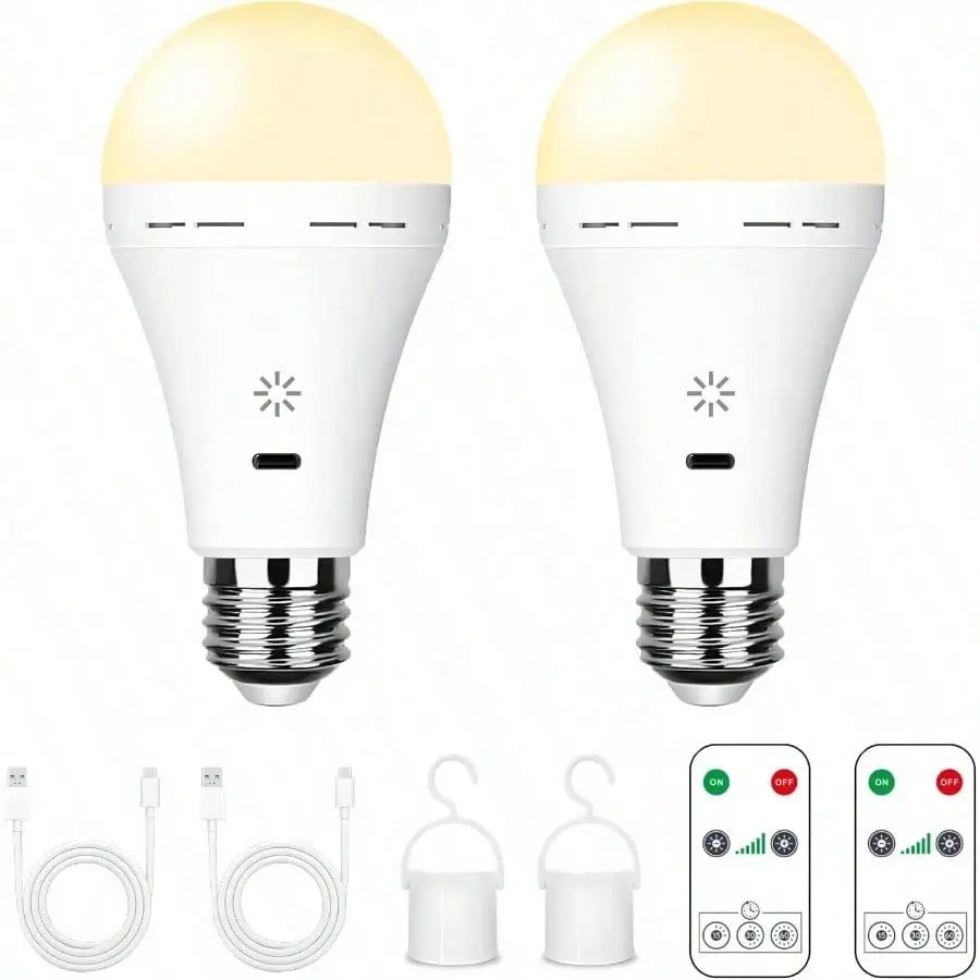 2PC E27 USB-C Rechargeable Dimmable 9W LED Emergency Bulbs with Remote Control, 800lm Luminous Flux, Bright Enough, Outdoor-Ready Home Power Outage Solution, Father's Day Gift Idea