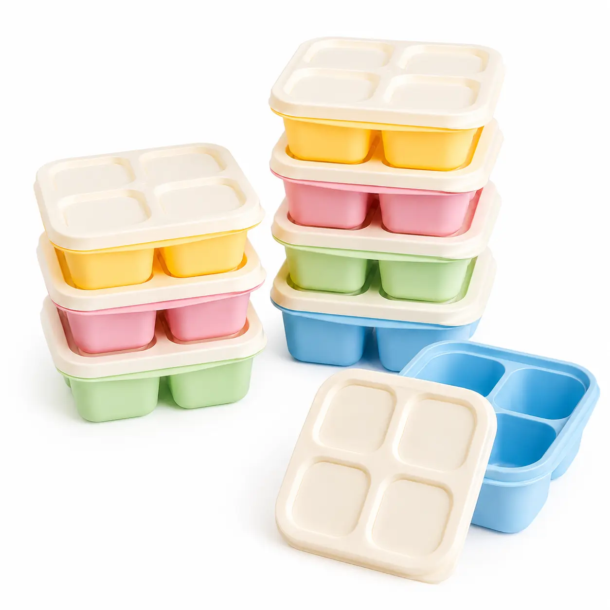 8-Pack Pastel Snack Boxes with Lids | 4-Compartment Easy-Open Containers for Fruit, Candy & Treats