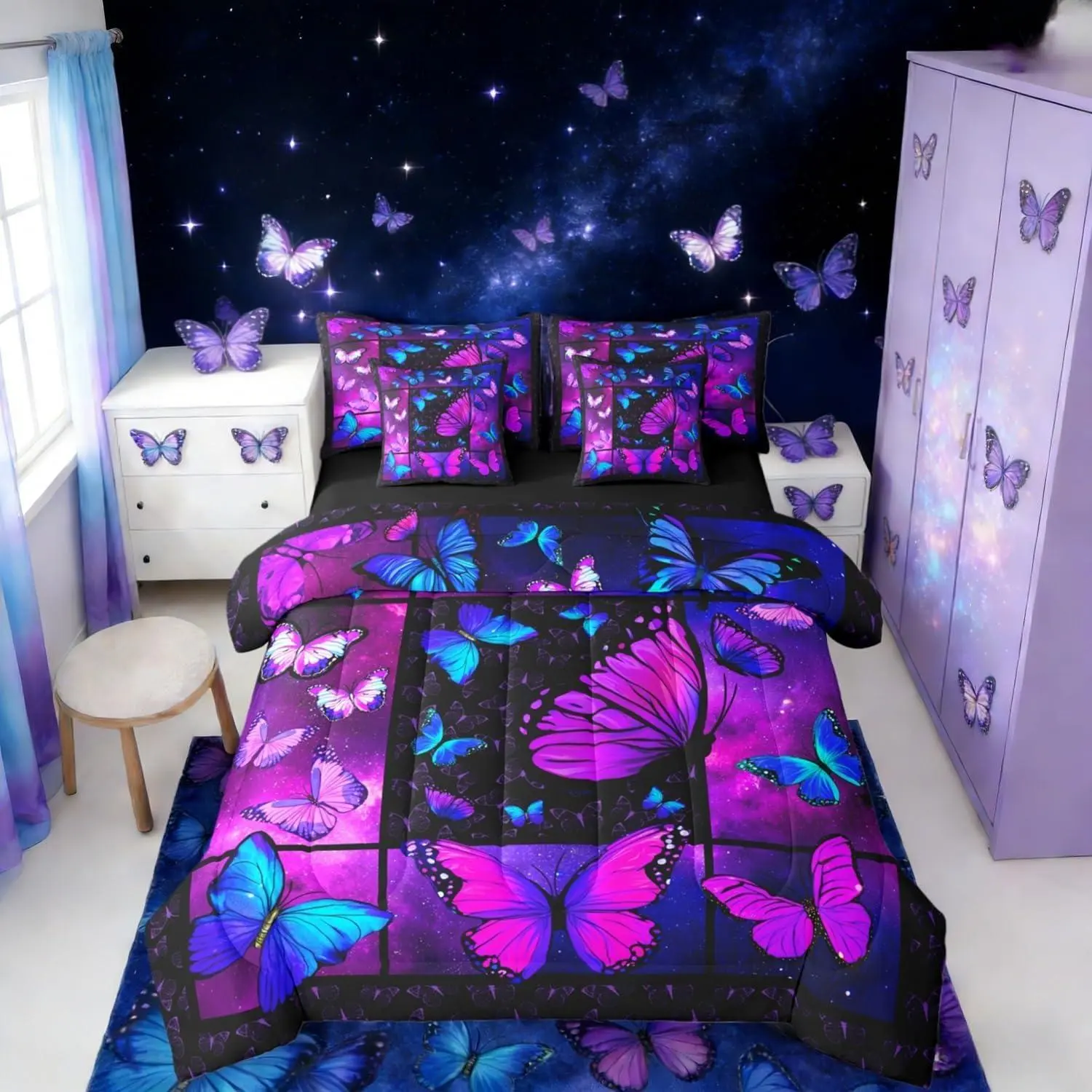 Feelyou 7-Piece Queen Bed Comforter Set - Purple Butterfly Galaxy Dreamy Bedding Sets with Sheets, Black/Blue/Purple Duvet Cover for Girls, Bed Comforter Sets