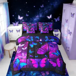 7 Piece Purple Butterfly Comforter Bed Set with Sheets,Galaxy Dreamy Bedding Set,Girls Kids Teen Women,Black Blue Purple Bed Bag,Butterflies Bed Set