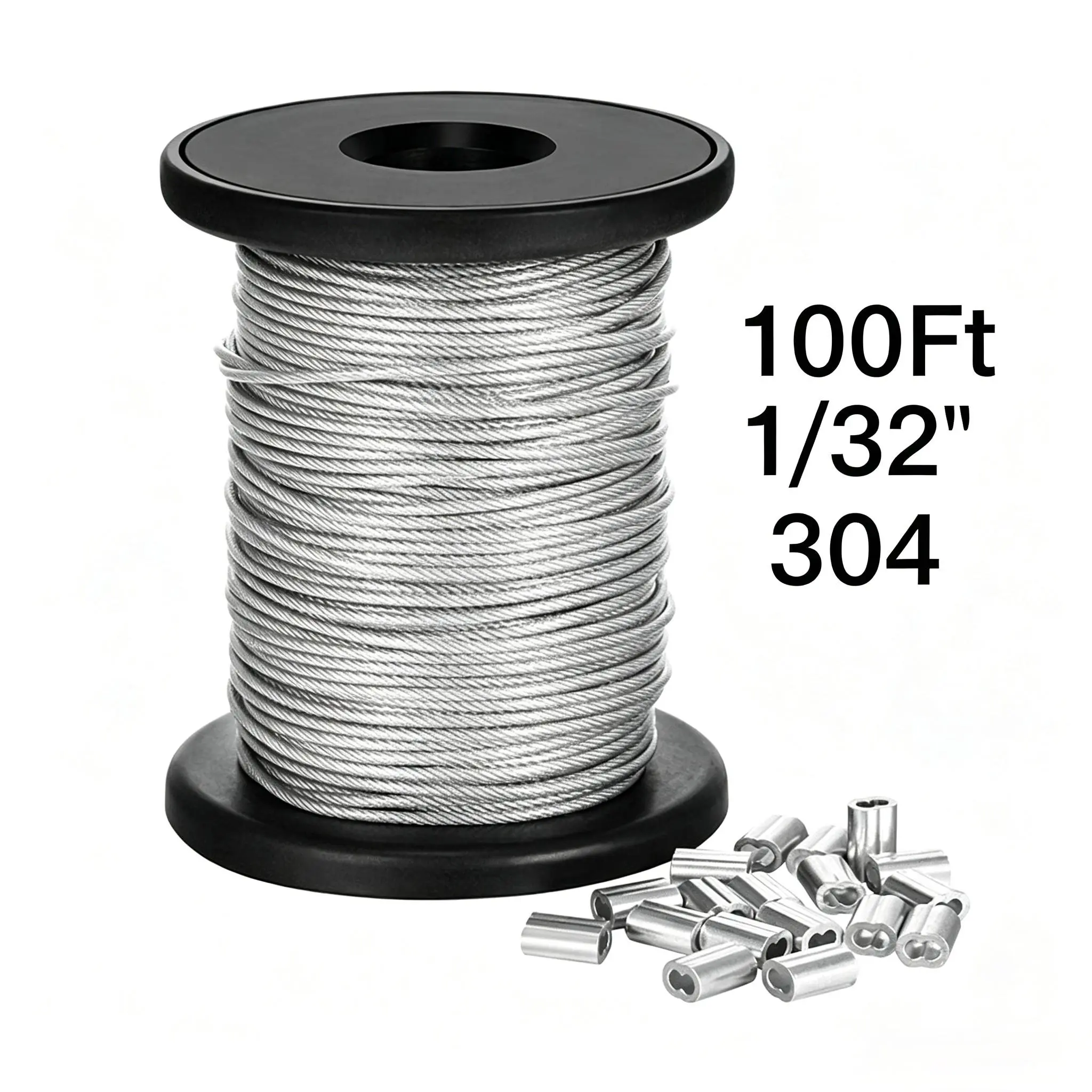 304 Stainless Steel Cable Wire Rope - 100FT x 1/32IN, 20Pcs Aluminum Sleeves Stops, Easy to Cut, Flexible and Smooth for String Lights Hanging, Mirrors, Wall Decor, Art Projects