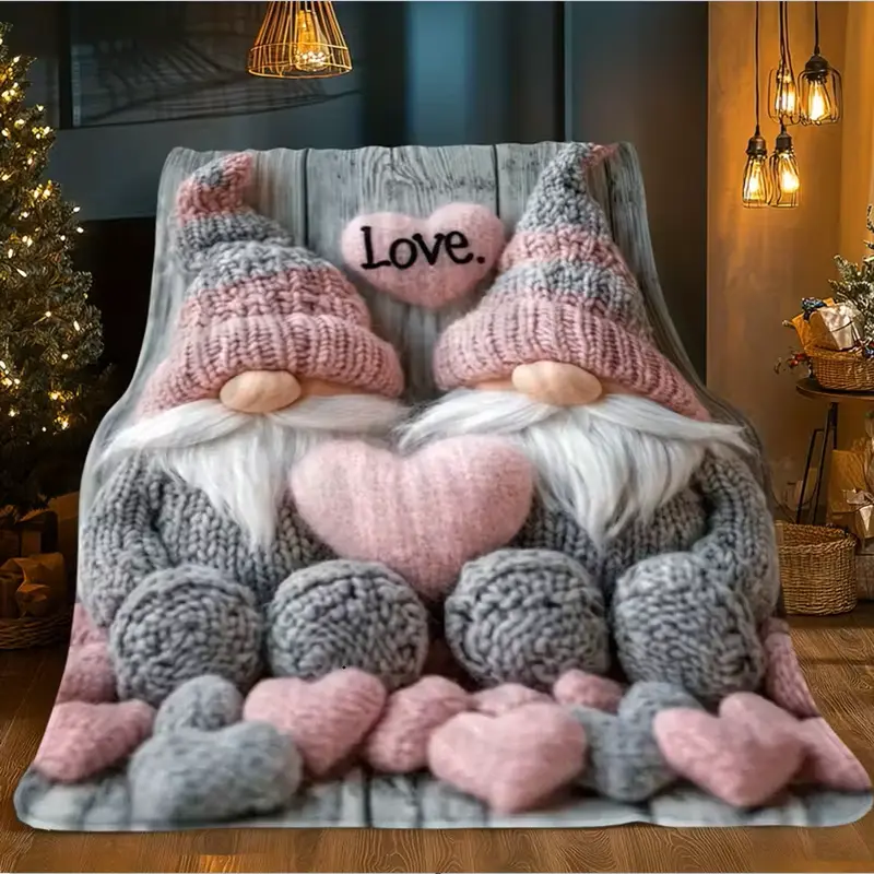 2D Gnomes with Hearts Wrinkle-Resistant Portable Blanket - Lightweight Soft Warm Digital Print Throw for Sofa, Travel - All-Season Valentine's Day Gift Blanket