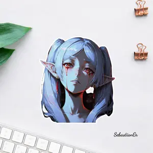 Dark Frieren Elf Girl Sticker, Gothic Horror Waifu Decal, Crying Blood Anime Character Vinyl Sticker