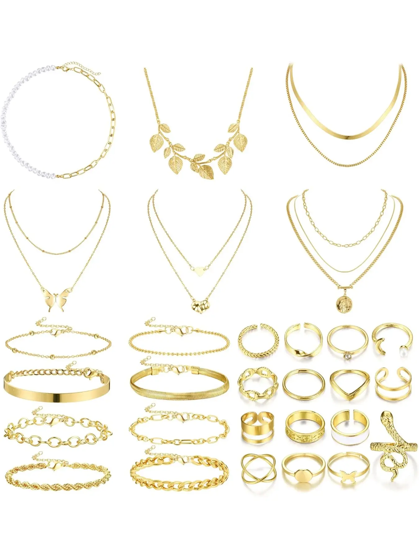 29Pcs Gold Jewelry Sets Rings Bracelets for Women Layered Necklace Knuckle Rings Chain Bracelets Gold Jewelry Matching Jewelry Set for Anniversary Birthday Gift Fashion Jewelry Set