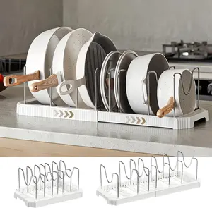 Pots and Pans Organizer Under Cabinet, 22" Expandable Food Storage Container Lid Organizers with 7 Adjustable Dividers Pot and Pan Lid Holders Rack Inside Cabinet/Countertop(White/Grey)