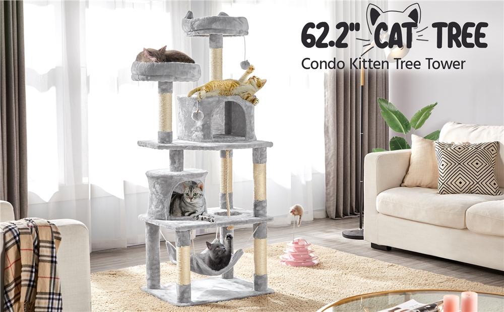 Yaheetech 62.2in/70.5in Cat Tree Cat Tower Cat Condo with Platform & Hammock, Scratching Posts for Kittens Pet Play House with Plush Perch for Indoor Activity Relaxing