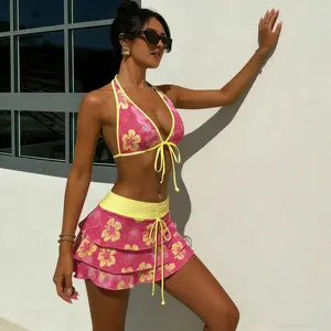 Women's Tropical Print Halter Bikini 3-Piece Set, Flowy Ruffle Skirt Swimwear, Summer Beach Festival Bathing Suit