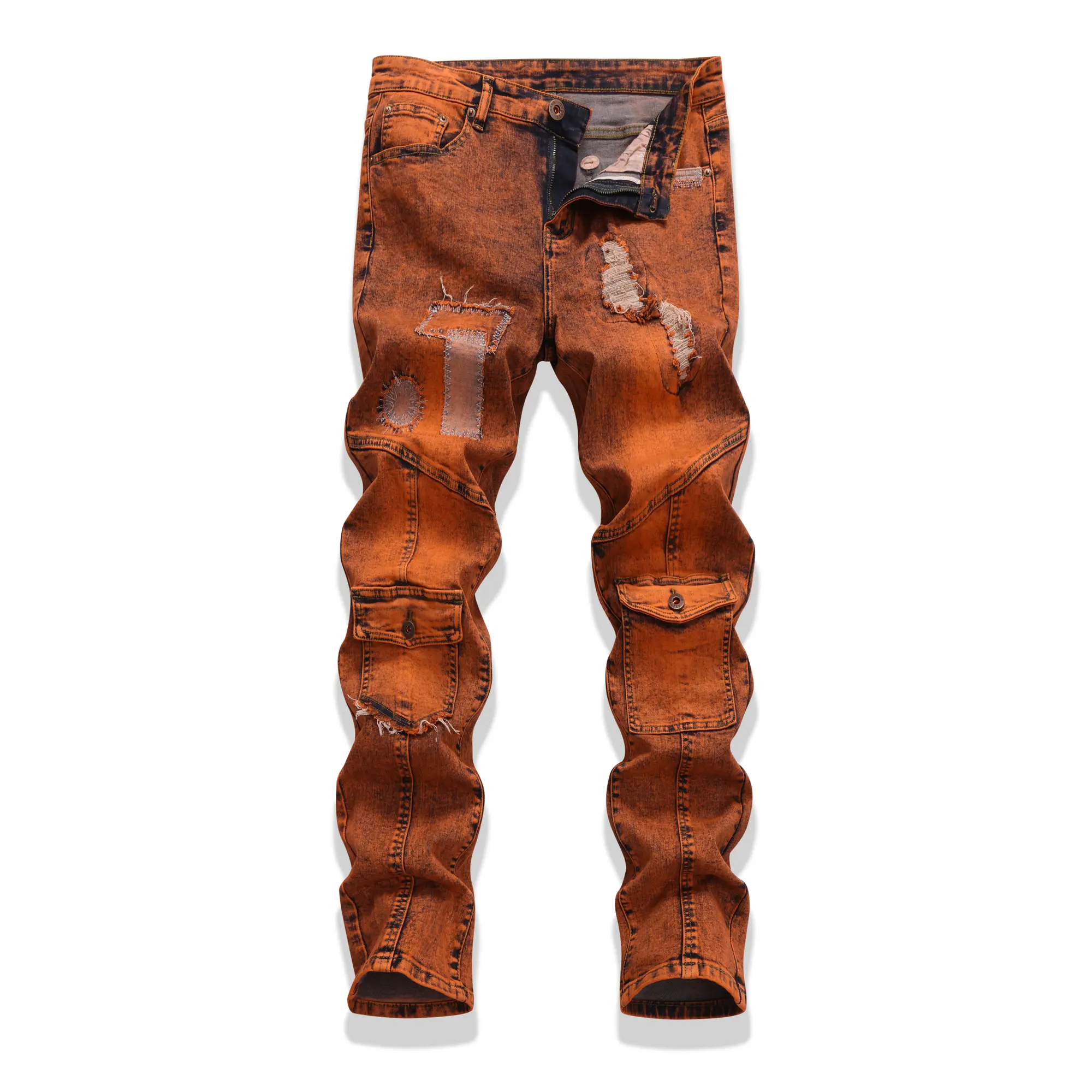 Motorcycle bike jeans casual daily wear retro orange slim fit bicycle jeans, suitable for men's street style elastic men's denim pants Streetwear Fashion