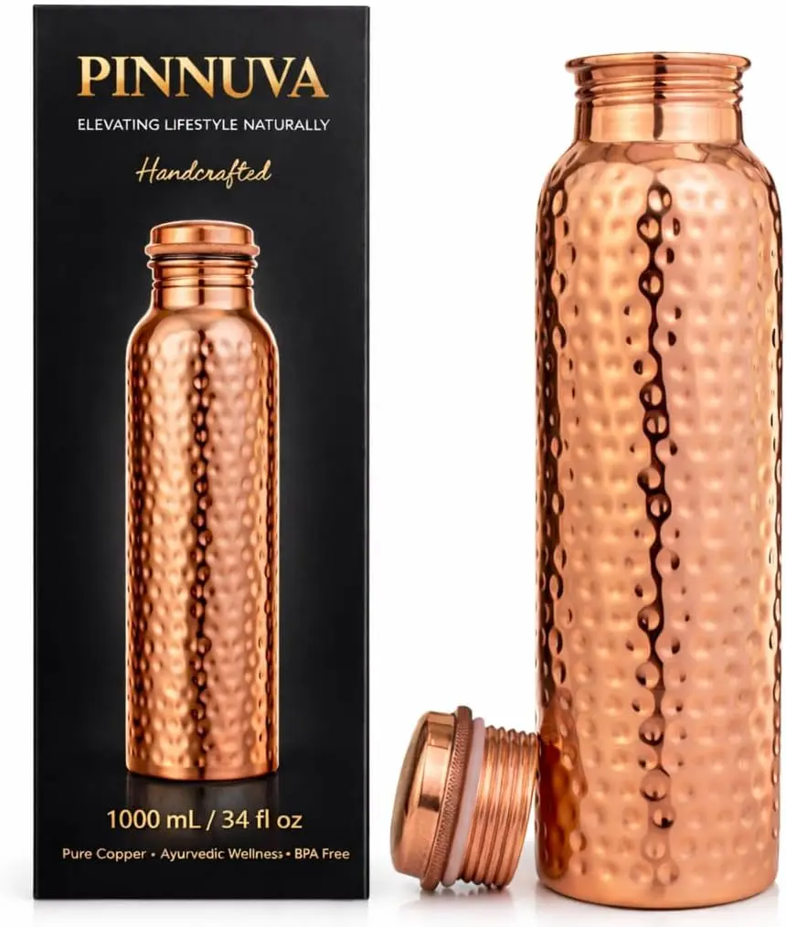 Copper Water Bottle 32Oz - Extra Large 100% Pure Ayurvedic Copper Water Bottle for Drinking, Wide Mouth, Leak-Proof Lid BPA Free Non-Insulated & Eco Friendly with Premium Quality PINNUVA