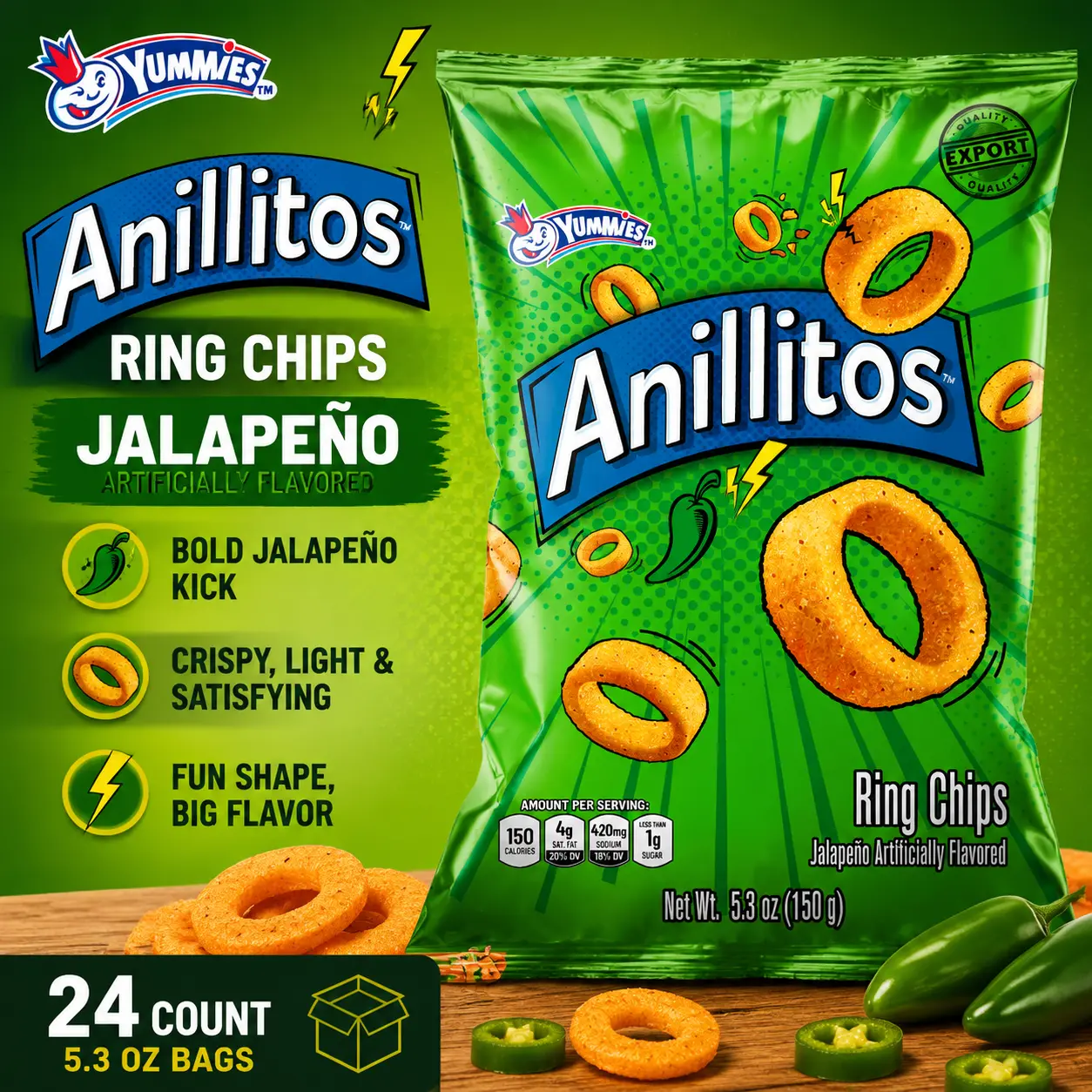 Yummies Anillitos Ring Chips Jalapeno 5.3 oz 24 Count Imported Mexican Snack Chips