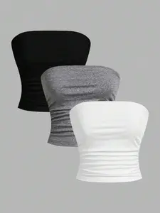 Women's Casual Tube Top Set, Summer Breathable Sexy Backless Chic Crop Tops, Y2K Style Plain Color, Comfortable All Seasons Fashion