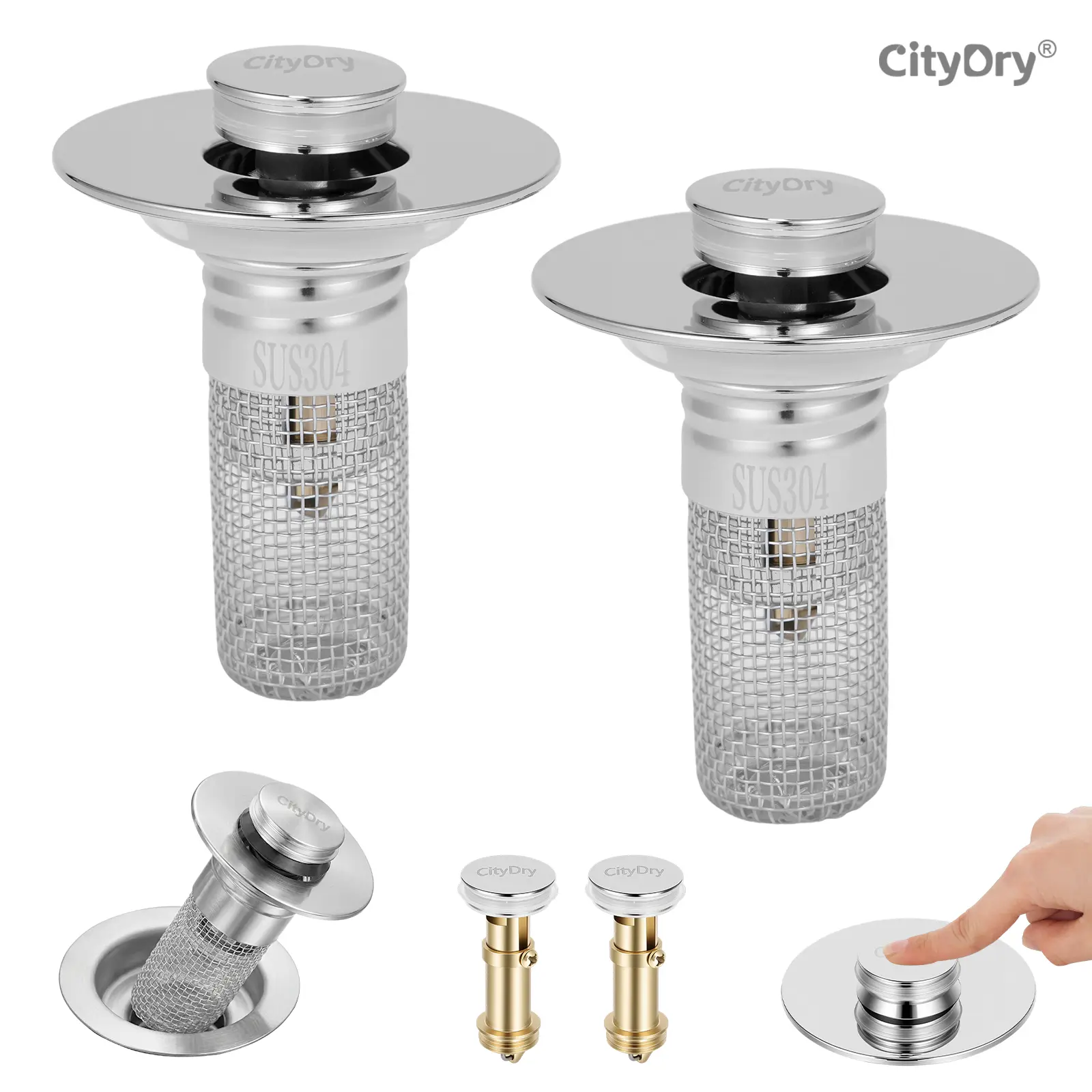 Bathroom Sink Stopper Hair Catcher - Durable Bath Accessories, Universal Removable Mesh Metal Stopper, Stainless Steel Filter Basket, Brass Plug, Adjustable Modern Drain Protector with Tight Odor Seal, 1-Touch Use Debris Capture Tool, One-Touch Use