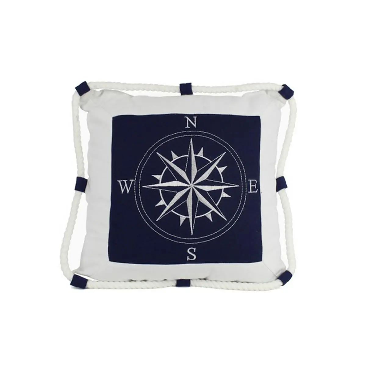 Handcrafted Nautical Fabric Pillow - 16 in Blue Compass with Rope Accent, Room Decor for Coastal Whimsical House Aesthetic, House Decor