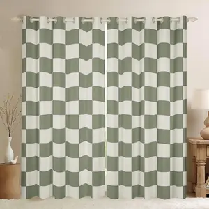 Feelyou Plaid Blackout Curtains - Beige and Sage Green Checkerboard Geometric Grid Design, 30%-50% Light Blocking, for Kids' Bedrooms