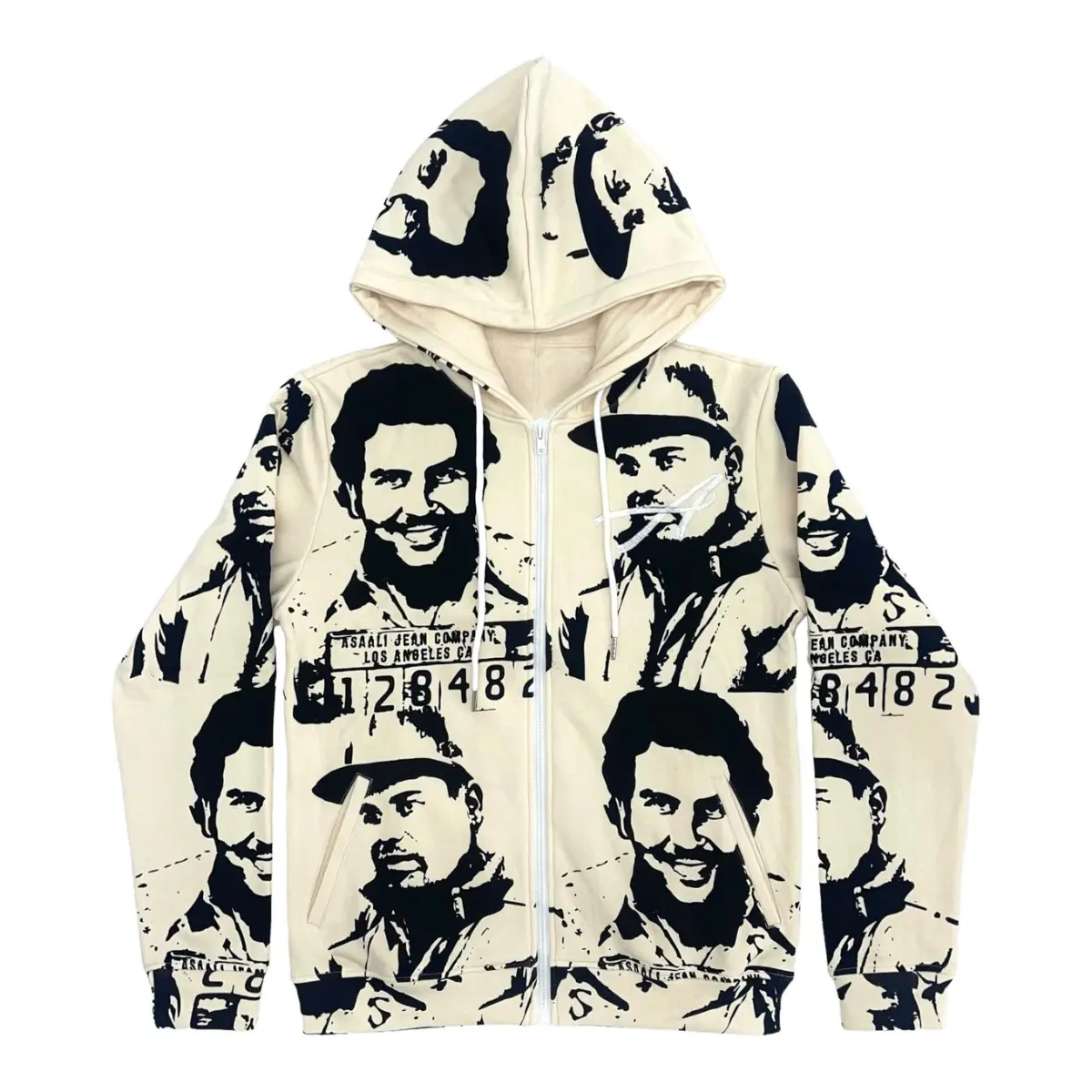 Asaa.li Full Print Graphic Zip Hoodie, Retro Mugshot Streetwear Jacket, Y2K Fashion Sweatshirt, Hip Hop Style Gift