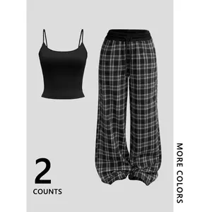 Women’s casual fashion set featuring a strapless fitted vest paired with plaid wide-leg pants—comfortable loungewear suitable for vacations, travel, airports, and all seasons.