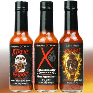 Elijah’s Xtreme Xtreme Trio 2.0 Hot Sauce Set - Ghost Pepper, Carolina Reaper & Trinidad Scorpion Blends, 3 Bottles, 5 fl oz Each, Heat Range 450,000-999,999 SHU
