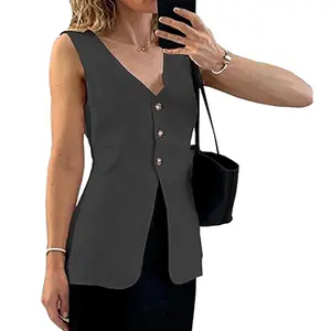 Chvity Womens Summer Long Linen Vest Casual Sleeveless V Neck Button Down Tops Casual Summer Vest with Pocket