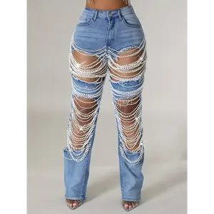 Ladies' Fashionable Distressed Pearl Chain Decorative Jeans, Wide Leg Pants, Party Casual Pants
