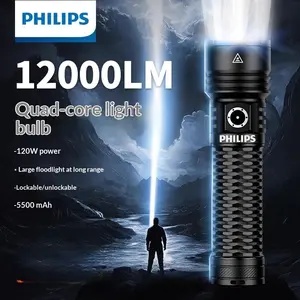 Philips Rechargeable LED Flashlight with Focus Beam, 12000LM Quad-core Bulb, 5 Modes, Waterproof, 5500mAh Battery for Outdoor Camping Emergency